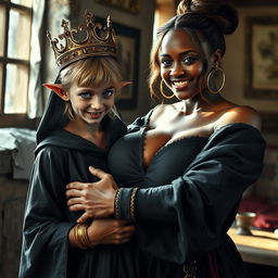 In a medieval brothel room bathed in daylight, a striking scene features a young, malnourished blonde woman, 20 years old, petite and dwarf-like