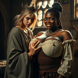 In a medieval brothel room illuminated by daylight, a dramatic scene unfolds featuring a young, malnourished blonde woman, 20 years old, who is notably short, dwarf-like in stature