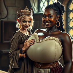 In a medieval brothel room illuminated by daylight, a dramatic scene unfolds featuring a young, malnourished blonde woman, 20 years old, who is notably short, dwarf-like in stature