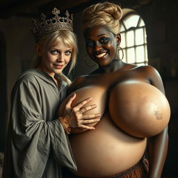 In a medieval brothel room illuminated by daylight, a dramatic scene unfolds featuring a young, malnourished blonde woman, 20 years old, who is notably short, dwarf-like in stature