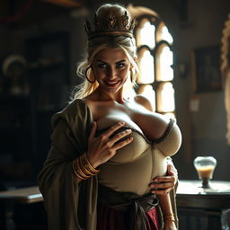 In a sunlit medieval brothel room, a fascinating scene unfolds