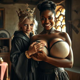 In a sunlit medieval brothel room, a captivating scene features a young, malnourished blonde woman, only 20 years old, petite and dwarf-like in stature