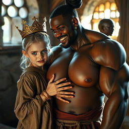 In a sunlit medieval brothel room, a captivating scene features a young, malnourished blonde woman, only 20 years old, petite and dwarf-like in stature