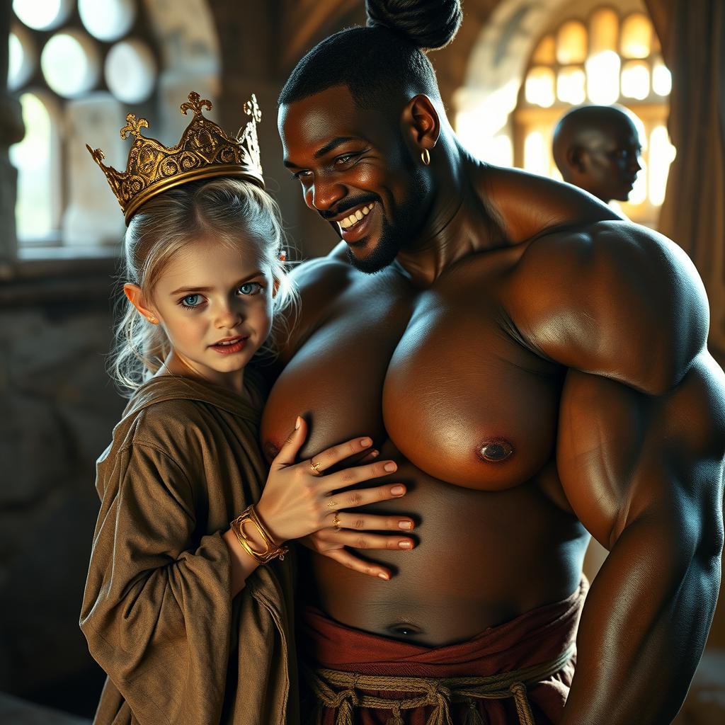 In a sunlit medieval brothel room, a captivating scene features a young, malnourished blonde woman, only 20 years old, petite and dwarf-like in stature