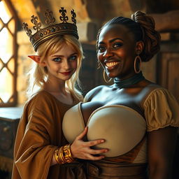 In a sunlit medieval brothel room, a captivating scene features a young, malnourished blonde woman, only 20 years old, petite and dwarf-like in stature