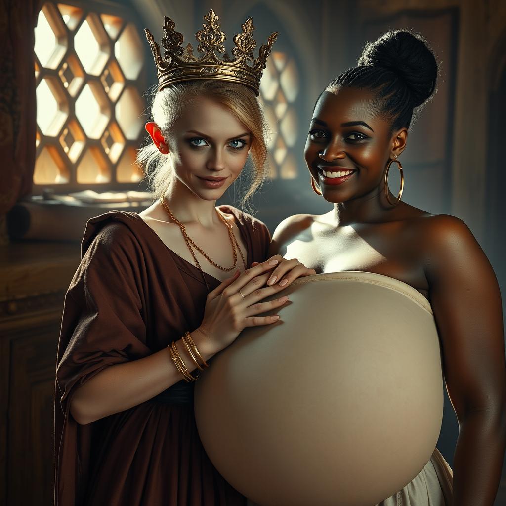 In a sunlit medieval brothel room, a striking scene captures the essence of two contrasting women