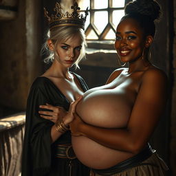 In a sunlit medieval brothel room, a striking scene captures the essence of two contrasting women