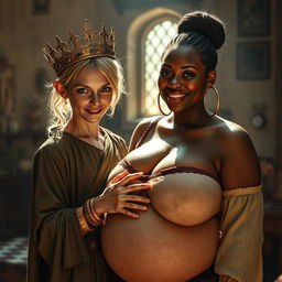 In a sunlit medieval brothel room, a striking scene captures the essence of two contrasting women