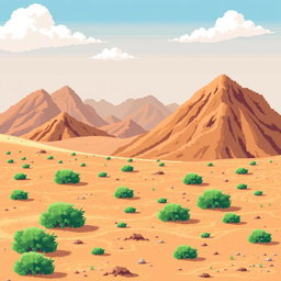 a pixel art image of a desert landscape featuring brown hillocks in the background, sandy soil interspersed with small green bushes, a bright blue sky with a few white clouds, all depicted in a retro style reminiscent of classic 2D video game graphics