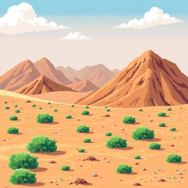 a pixel art image of a desert landscape featuring brown hillocks in the background, sandy soil interspersed with small green bushes, a bright blue sky with a few white clouds, all depicted in a retro style reminiscent of classic 2D video game graphics