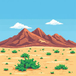 a pixel art image of a desert landscape featuring brown hillocks in the background, sandy soil interspersed with small green bushes, a bright blue sky with a few white clouds, all depicted in a retro style reminiscent of classic 2D video game graphics