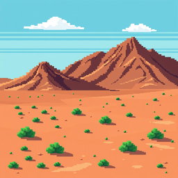 a pixel art image of a desert landscape featuring brown hillocks in the background, sandy soil interspersed with small green bushes, a bright blue sky with a few white clouds, all depicted in a retro style reminiscent of classic 2D video game graphics