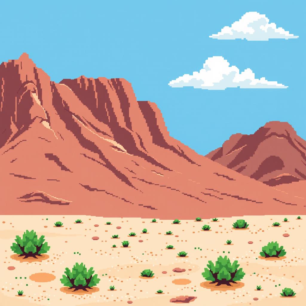 a pixel art image of a desert landscape featuring brown hillocks in the background, sandy soil interspersed with small green bushes, a bright blue sky with a few white clouds, all depicted in a retro style reminiscent of classic 2D video game graphics