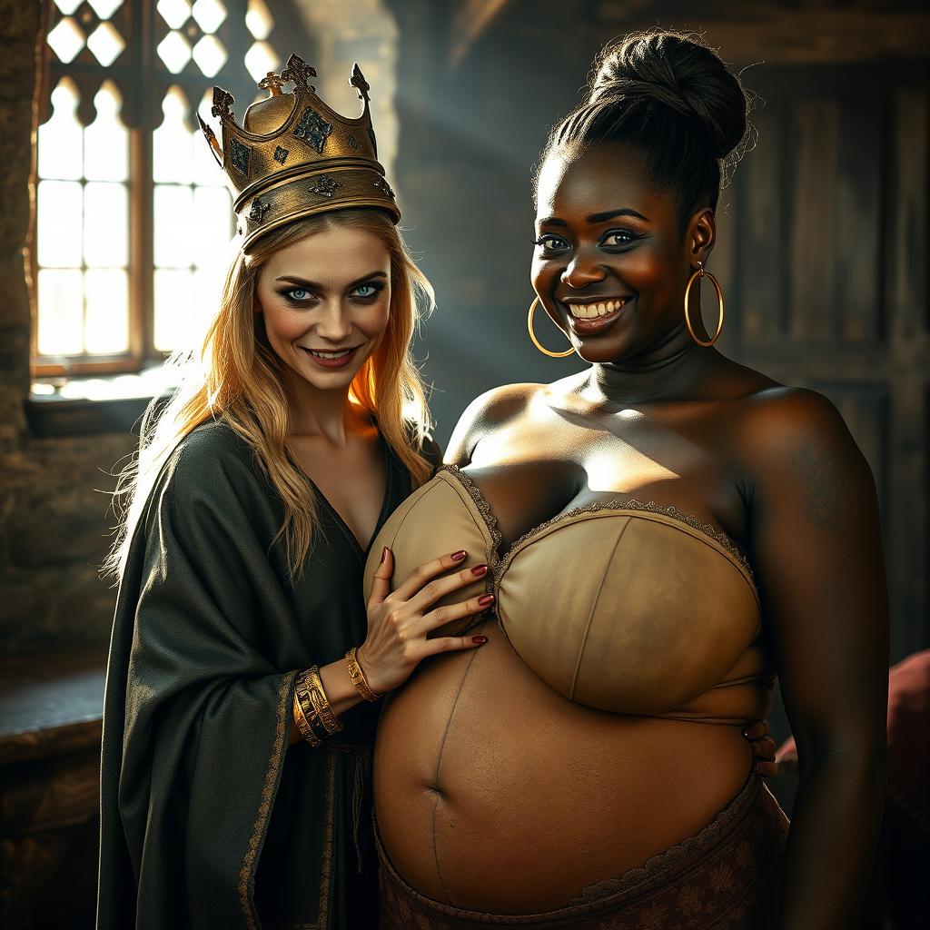 In a sunlit medieval brothel room, the scene presents a striking combination of two women