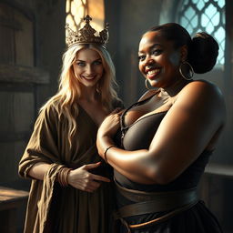 In a sunlit medieval brothel room, the scene presents a striking combination of two women