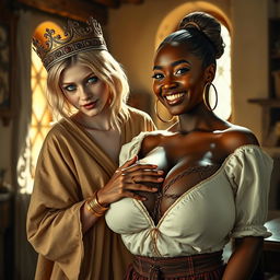 In a sunlit medieval brothel room, the scene presents a striking combination of two women