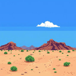 a pixel art image of a desert landscape featuring brown hillocks in the background, sandy soil interspersed with small green bushes, a bright blue sky dotted with a few white clouds, all depicted in a retro style reminiscent of classic 2D video game graphics