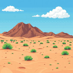 a pixel art image of a desert landscape featuring brown hillocks in the background, sandy soil interspersed with small green bushes, a bright blue sky dotted with a few white clouds, all depicted in a retro style reminiscent of classic 2D video game graphics
