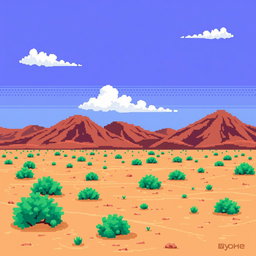 a pixel art image of a desert landscape featuring brown hillocks in the background, sandy soil interspersed with small green bushes, a bright blue sky dotted with a few white clouds, all depicted in a retro style reminiscent of classic 2D video game graphics