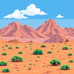 a pixel art image of a desert landscape featuring brown hillocks in the background, sandy soil interspersed with small green bushes, a bright blue sky dotted with a few white clouds, all depicted in a retro style reminiscent of classic 2D video game graphics
