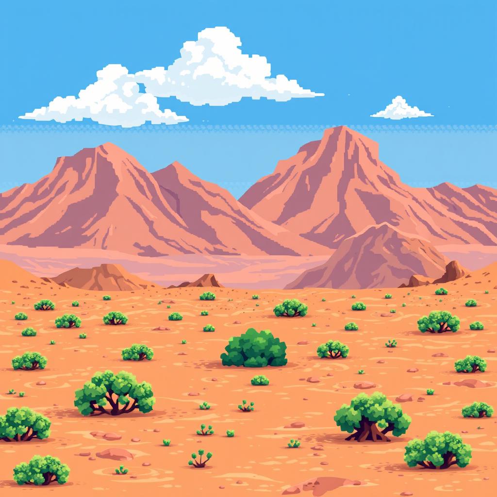 a pixel art image of a desert landscape featuring brown hillocks in the background, sandy soil interspersed with small green bushes, a bright blue sky dotted with a few white clouds, all depicted in a retro style reminiscent of classic 2D video game graphics