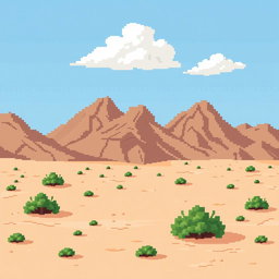 a pixel art image of a desert landscape featuring brown hillocks in the background, sandy ground with small green bushes scattered throughout, a bright blue sky adorned with a few white clouds, all in a retro style resembling classic 2D video game graphics