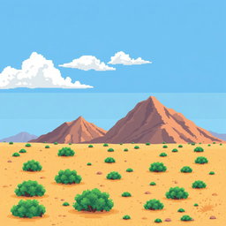 a pixel art image of a desert landscape featuring brown hillocks in the background, sandy ground with small green bushes scattered throughout, a bright blue sky adorned with a few white clouds, all in a retro style resembling classic 2D video game graphics