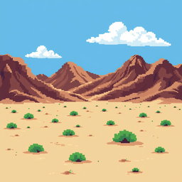 a pixel art image of a desert landscape featuring brown hillocks in the background, sandy ground with small green bushes scattered throughout, a bright blue sky adorned with a few white clouds, all in a retro style resembling classic 2D video game graphics