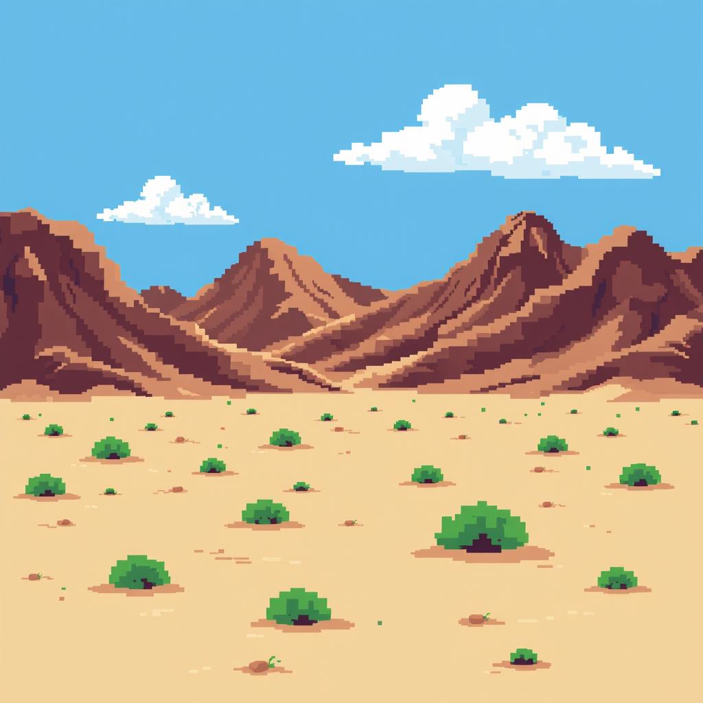 a pixel art image of a desert landscape featuring brown hillocks in the background, sandy ground with small green bushes scattered throughout, a bright blue sky adorned with a few white clouds, all in a retro style resembling classic 2D video game graphics