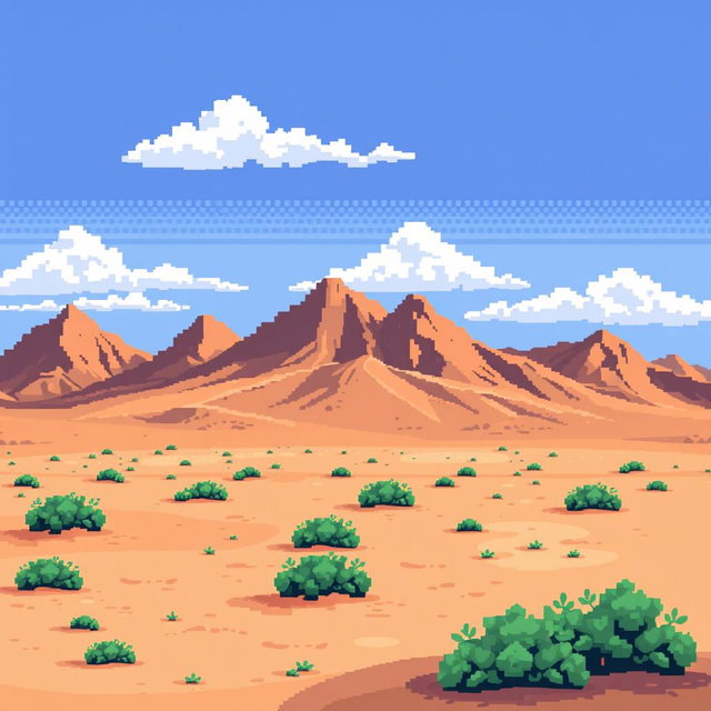 a pixel art image of a desert landscape featuring brown hillocks in the background, sandy ground with small green bushes scattered throughout, a bright blue sky adorned with a few white clouds, all in a retro style resembling classic 2D video game graphics