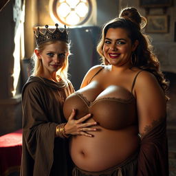 In a sunlit medieval brothel room, a striking scene depicts a young, malnourished blonde woman, only 20 years old and very short, with intense blue eyes that gleam with a demonic quality