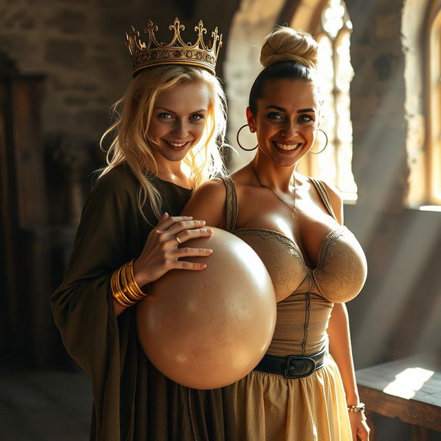 In a sunlit medieval brothel room, a striking scene depicts a young, malnourished blonde woman, only 20 years old and very short, with intense blue eyes that gleam with a demonic quality