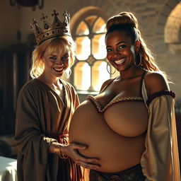 In a sunlit medieval brothel room, a striking scene depicts a young, malnourished blonde woman, only 20 years old and very short, with intense blue eyes that gleam with a demonic quality