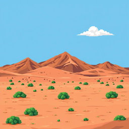 a pixel art image of a desert landscape featuring brown hillocks in the background, sandy soil with small green bushes scattered throughout, a clear blue sky dotted with a few white clouds, all illustrated in a retro style reminiscent of classic 2D video game graphics