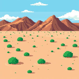 a pixel art image of a desert landscape featuring brown hillocks in the background, sandy soil with small green bushes scattered throughout, a clear blue sky dotted with a few white clouds, all illustrated in a retro style reminiscent of classic 2D video game graphics