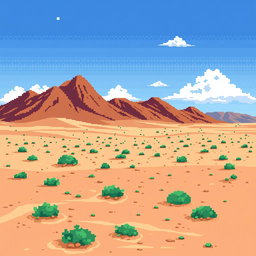 a pixel art image of a desert landscape featuring brown hillocks in the background, sandy soil with small green bushes scattered throughout, a clear blue sky dotted with a few white clouds, all illustrated in a retro style reminiscent of classic 2D video game graphics