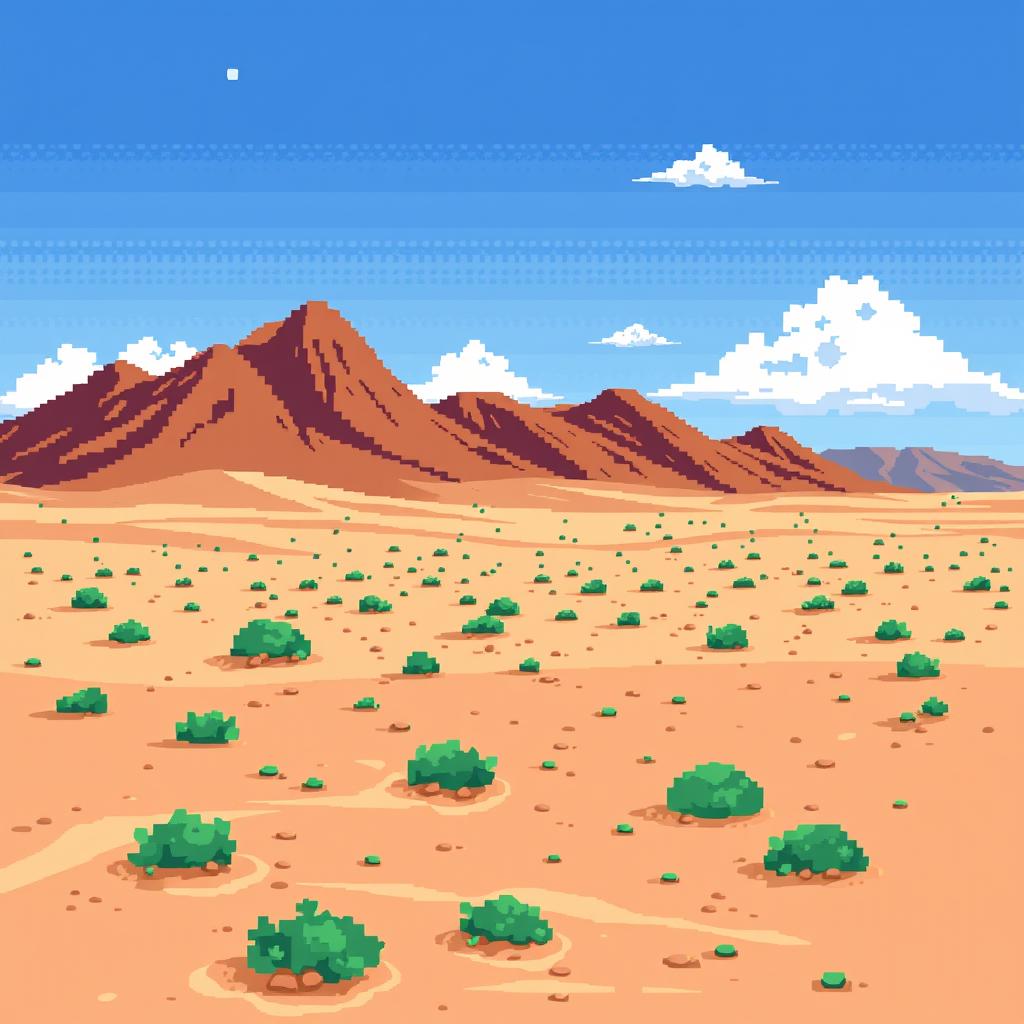 a pixel art image of a desert landscape featuring brown hillocks in the background, sandy soil with small green bushes scattered throughout, a clear blue sky dotted with a few white clouds, all illustrated in a retro style reminiscent of classic 2D video game graphics