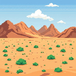 a pixel art image of a desert landscape featuring brown hillocks in the background, sandy soil with small green bushes scattered throughout, a clear blue sky dotted with a few white clouds, all illustrated in a retro style reminiscent of classic 2D video game graphics