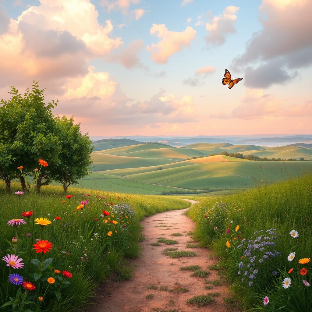 A beautiful scenic pathway leading to an expansive horizon, featuring lush greenery on either side, with colorful wildflowers blooming along the path