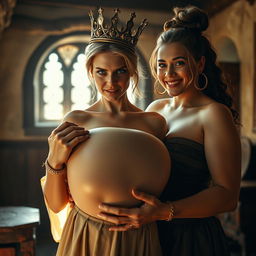 In a sunlit medieval brothel room, the scene features a striking juxtaposition of two women