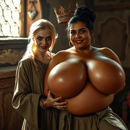 In a sunlit medieval brothel room, the scene features a striking juxtaposition of two women