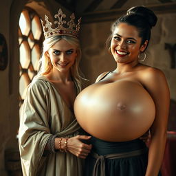 In a sunlit medieval brothel room, the scene captures two contrasting women