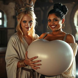 In a sunlit medieval brothel room, the scene captures two contrasting women