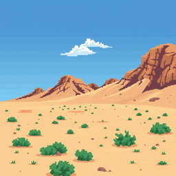 a pixel art representation of a desert landscape with brown hillocks in the background, sandy ground scattered with small green bushes, a clear blue sky featuring a few white clouds, all rendered in a retro style similar to classic 2D video game graphics