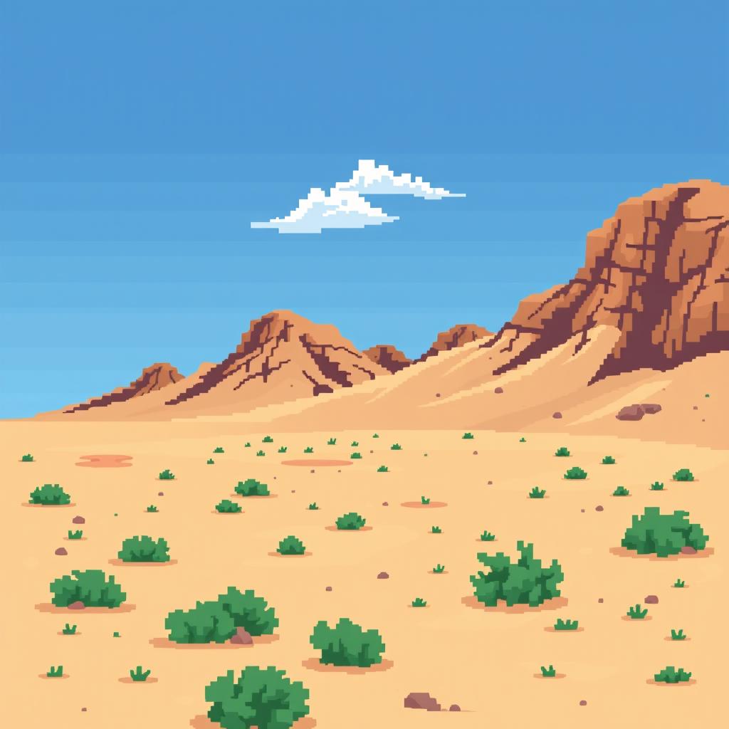 a pixel art representation of a desert landscape with brown hillocks in the background, sandy ground scattered with small green bushes, a clear blue sky featuring a few white clouds, all rendered in a retro style similar to classic 2D video game graphics