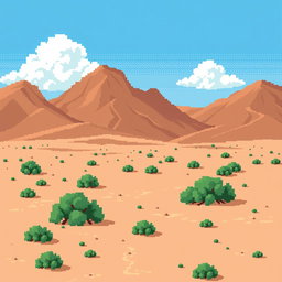 a pixel art representation of a desert landscape with brown hillocks in the background, sandy ground scattered with small green bushes, a clear blue sky featuring a few white clouds, all rendered in a retro style similar to classic 2D video game graphics