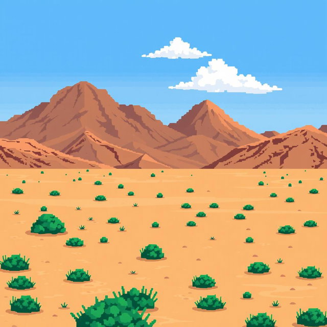 a pixel art representation of a desert landscape with brown hillocks in the background, sandy ground scattered with small green bushes, a clear blue sky featuring a few white clouds, all rendered in a retro style similar to classic 2D video game graphics
