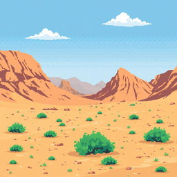 a pixel art representation of a desert landscape with brown hillocks in the background, sandy ground scattered with small green bushes, a clear blue sky featuring a few white clouds, all rendered in a retro style similar to classic 2D video game graphics