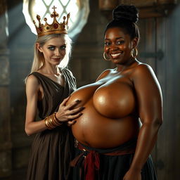 In a sunlit medieval brothel room, the image depicts a striking contrast between two women