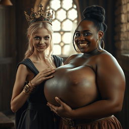 In a sunlit medieval brothel room, the image depicts a striking contrast between two women